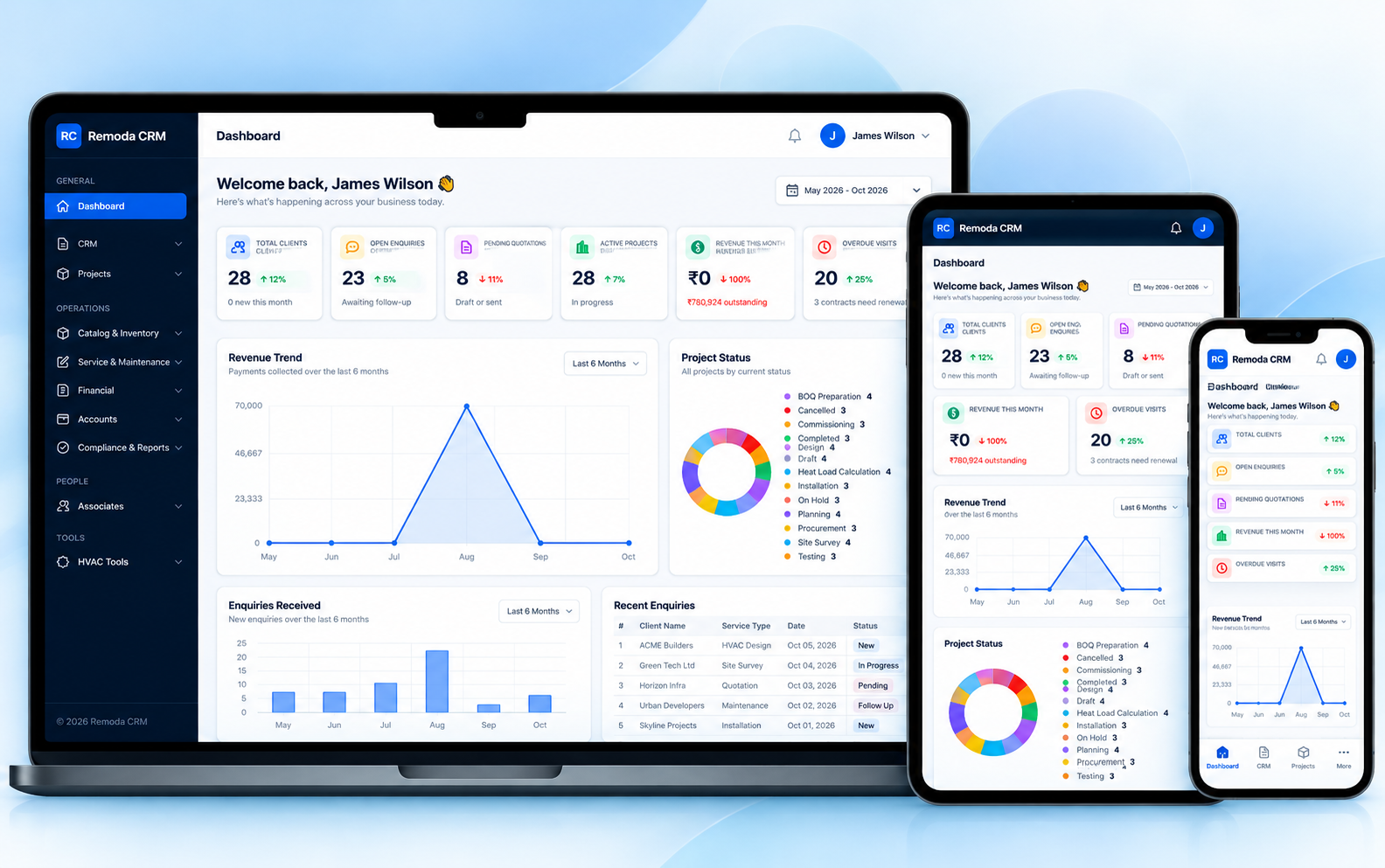 Remoda CRM: one system for HVAC enquiries, projects, service visits and accounts
