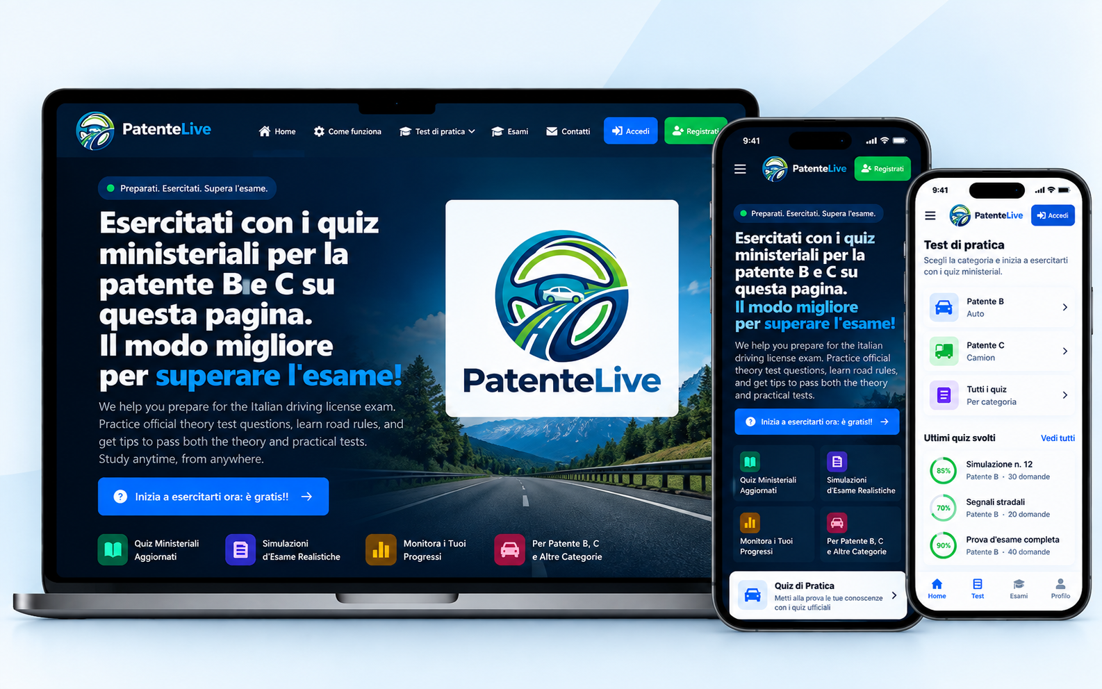 Patentelive: Italian driving license theory, practised the way the exam is taken